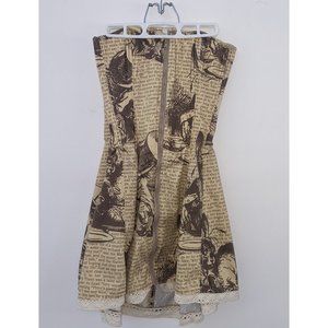 Handmade Alice in Wonderland print strapless corset dress, size 4